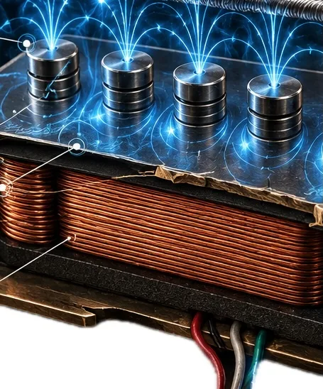 Stylised graphic depicting electric guitar pickup inductance